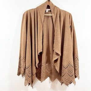 Krazy Kat Tan Ultra Suede Look Jacket with Waterfall Collar Scalloped Mesh Edges